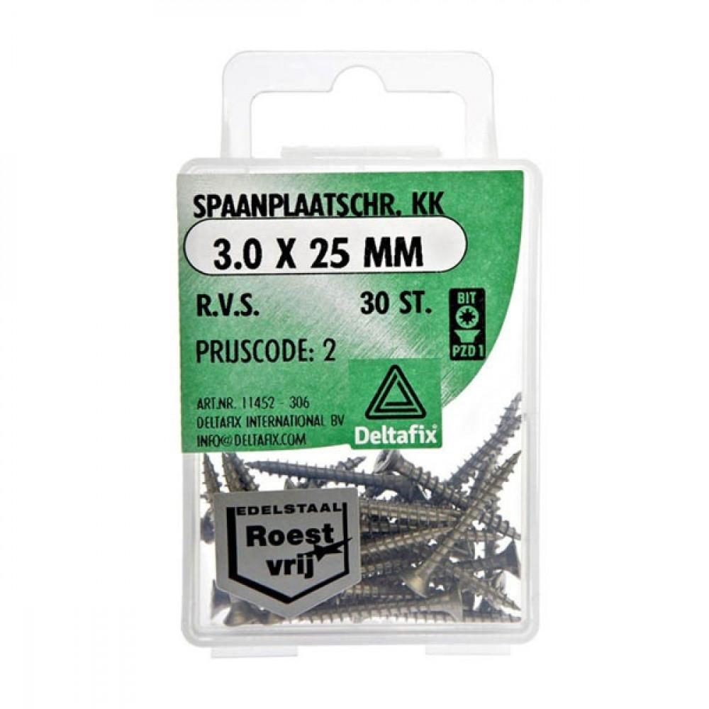 Deltafix Spaanplaatschroef KK RVS 3.0x25mm Set 30st